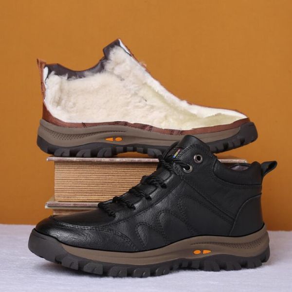 

men snow boots thick fur new winter outdoor men's hiking shoes male mountain leather sneaker keep warm, Black