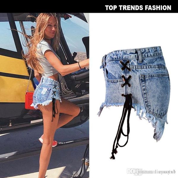 

2020 summer denim shorts women feminino ripped high waist mini solid tassel hole short bandage jeans, Blue