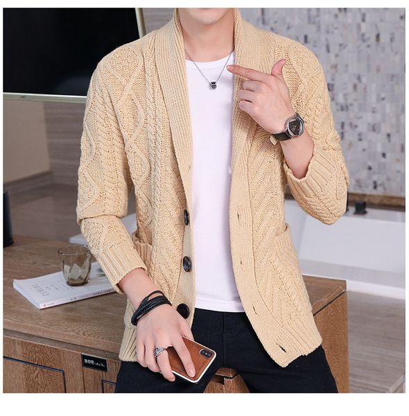 

dropshipping autumn winter mens designer sweater coat fashion lapel neck solid color single breasted sweater casual male clothing, White;black
