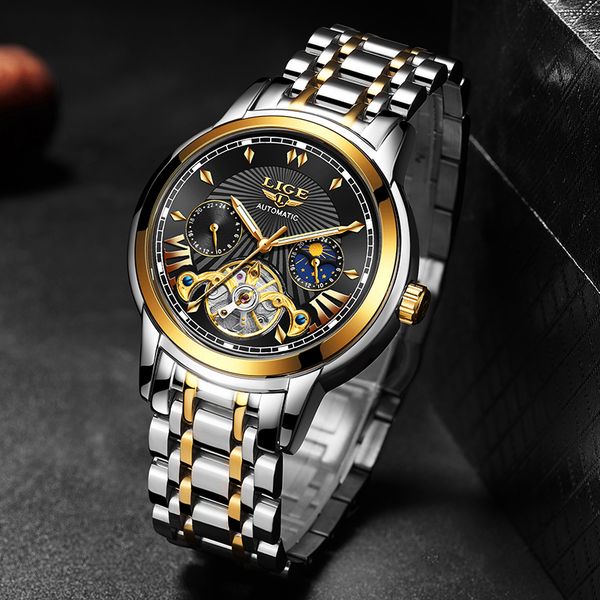 

new lige clock sport mens watches waterproof watch for men classic tourbillon automatic mechanical wristwatches, Slivery;brown