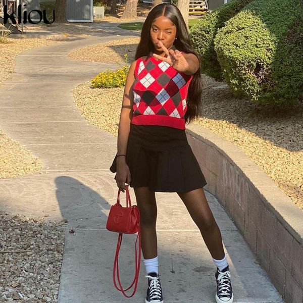

kliou england preppy plaid sweaters women ribbed patchwork vest casual sporty o-neck sleeveless tanks crop female streetwear, Black;white
