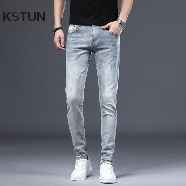 

light blue jeans men skinny fit elasticity spring and autumn patched casual pencil pants denim clothes male long trousers