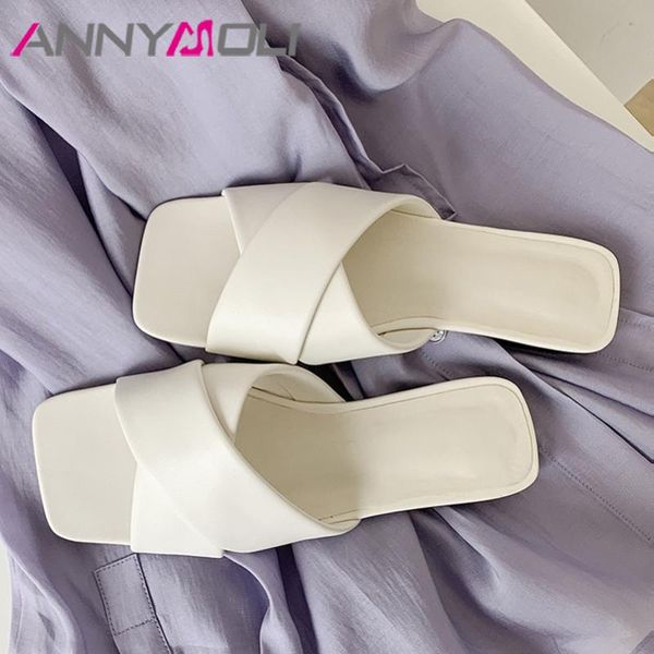 

annymoli natural genuine leather slippers cross tied flat slides square toe sandals casual female shoes summer beige big size 43, Black