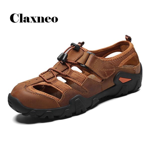 

man sandals genuine leather 2020 summer mens shoes breathable leathre sandal outdoor casual footwear claxneo new big size, Black