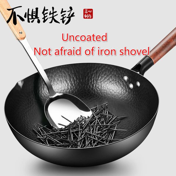 

pans handmade iron pot 32cm uncoated health wok non-stick pan gas stove induction cooker universal wood cover