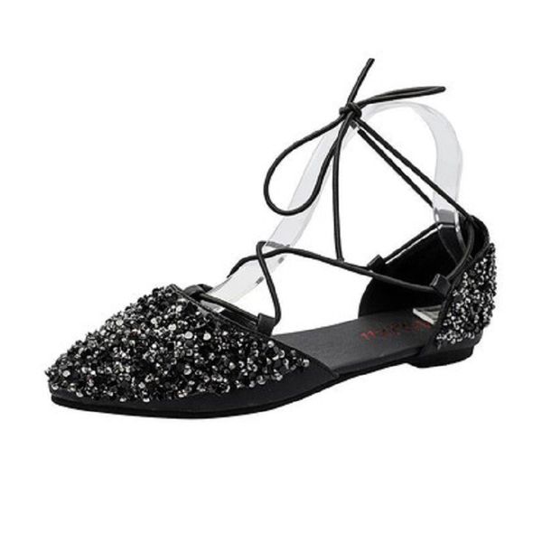 

2020 summer new women's sandals comfortable breathable shallow mouth cross strap sequins toe flat women's sandals, Black