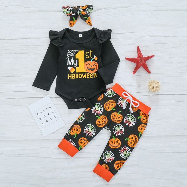 

baby boy девушка хэллоуина набор для новорожденного infant тыквы печати romper брюки hairband 3шта set детской одежды, White