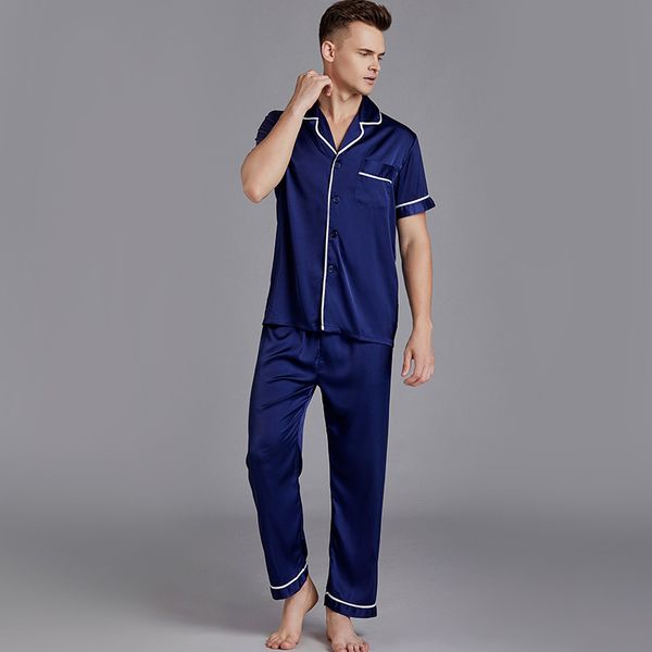 

silky 2pcs shirt&pants satin sleepwear male casual nightwear sleep set summer new home clothes navy blue intimate lingerie, Black;brown