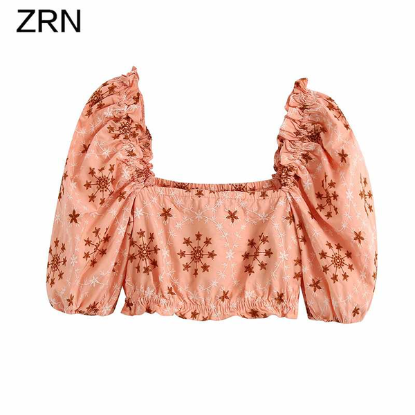 

zrn women blouse puff sleeve crop and blouse shirts 2020 square neck fashion floral embroidery shirt elegant vintage, White