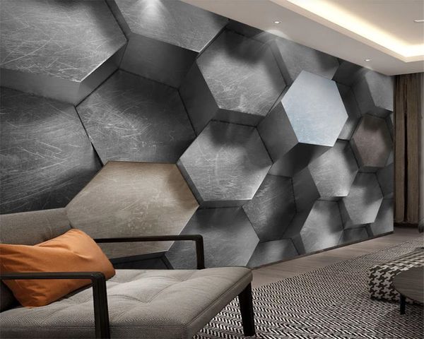 3D Wallpaper Wohnzimmer graue schwarz-weiße dreidimensionale sechseckige europäische moderne digitale digitaldruck 3d mural tapete