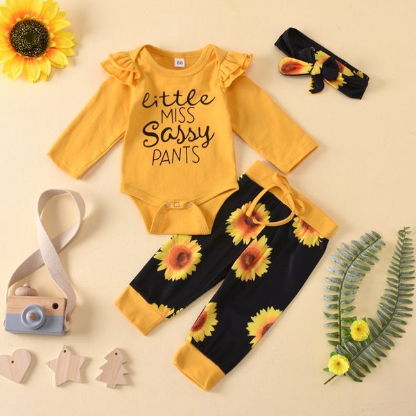 

3pcs newborn kids baby girls clothes suits infant sun flower letter pants headwear outfit set casual infant clothing43, White
