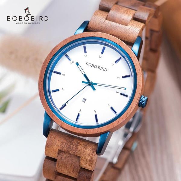 

montre homme bobo bird 40mm wood watch men women luxury quartz wristwatches date display timepieces anniversary gift custom logo, Slivery;brown