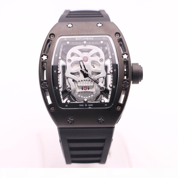 

boyuheng прозрачный белый движение головки черепа циферблат кварцевые бочка форма корпуса мужские часы 43mm часы rubber band две руки наручн, Slivery;brown