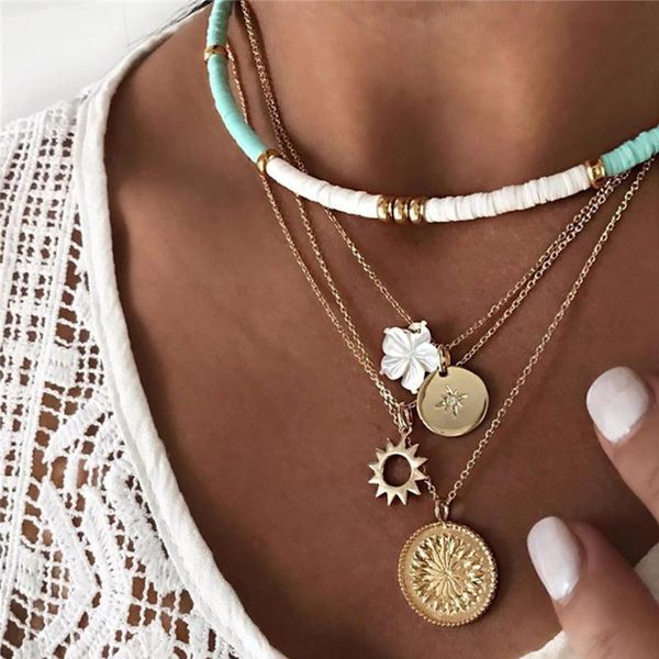 

bohemian polymer clay choker gold color sun flower pendant layered necklace for women collier jewelry, Silver