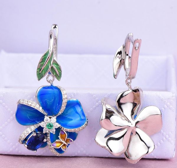 

rainmarch blue enamel flower silver earrings for women engagement 925 sterling silver earring handmade wedding party jewelry01, Golden;silver