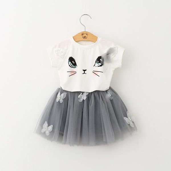 

baby girls clothing sets new summer fashion style cartoon kitten printed t-shirts+net veil dresses 2pcs girls clothes sets, White