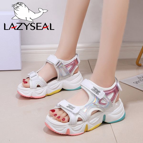 

lazyseal platform sandals female summer 2020 women thick bottom rainbow sole hook & loop shoe wedge with open toe platform shoes y200620, Black