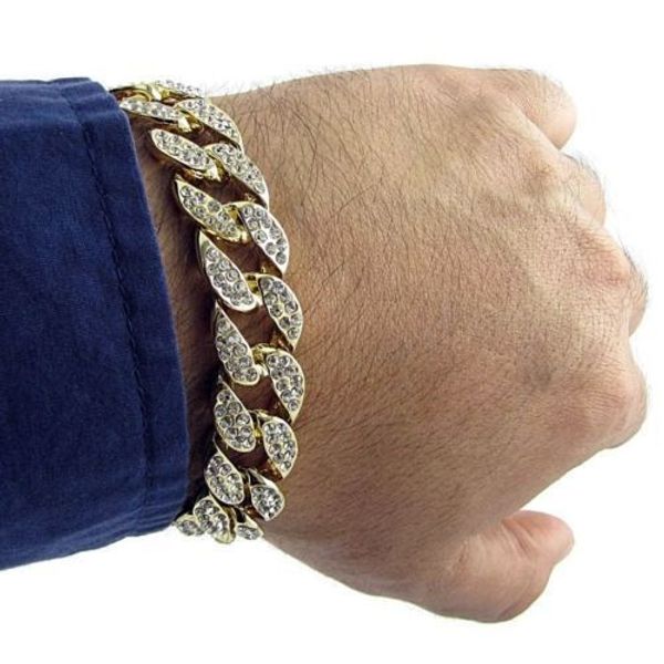 

men luxury simulated diamond bracelets bangles gold plated iced out miami cuban bracelet 6/7/8/9/10inches, Golden;silver