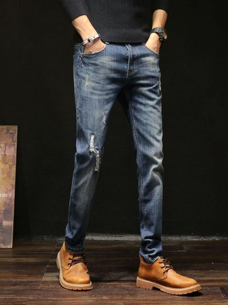 

2020 free shippig мужская мода тощий повседневные джинсы стрейч лучшие качества разорванные джинсовые брюки тонкий fit straight leg, Blue