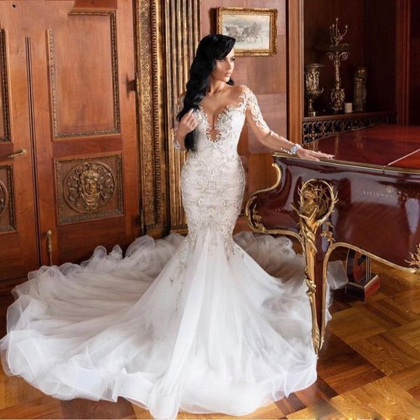 

2021 modern wedding dresses long sleeves lace appliques beads bridal gowns custom made lace-up back sweep train mermaid wedding dress, White