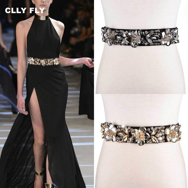 

elegant rhinestone elastic belts women crystal wide decorated waistband for dress vintage female designer wide belt ceinture, Black;brown