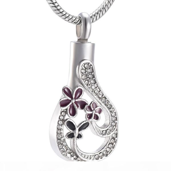 

ijd9973 stainless steel cremation purple flower with butterlfy teardrop pendant for women keepsake urn hold ashes jewelry, Silver