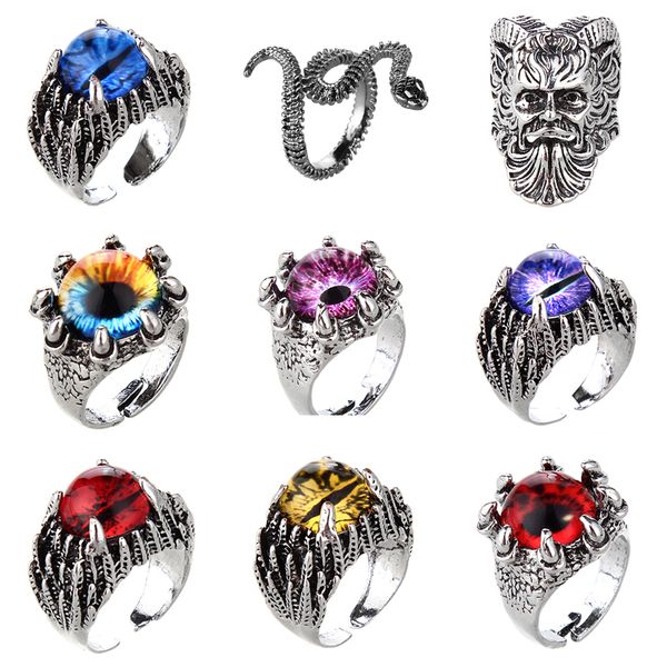 

retro gothic punk men rings trendy alloy cats eye stone male rings jewelry halloween accessories finger ring open adjustable, Golden;silver
