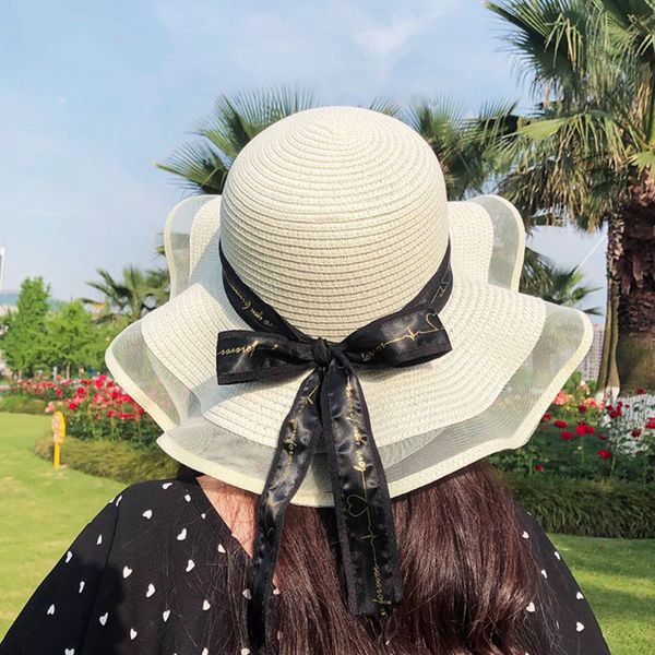 

women straw floppy sun hat mesh wavy wide brim ribbon bow sunscreen beach cap, Blue;gray