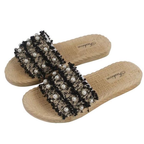 

summer fashion pearl slippers women slide sandals leisure beach slides slip on sandals women shoes comfortable flip flops sh331, Black