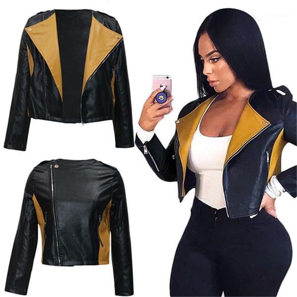 

pu long sleeve short jacket 20fw women coat women faux leather jackets fashion street style lapel neck, Black