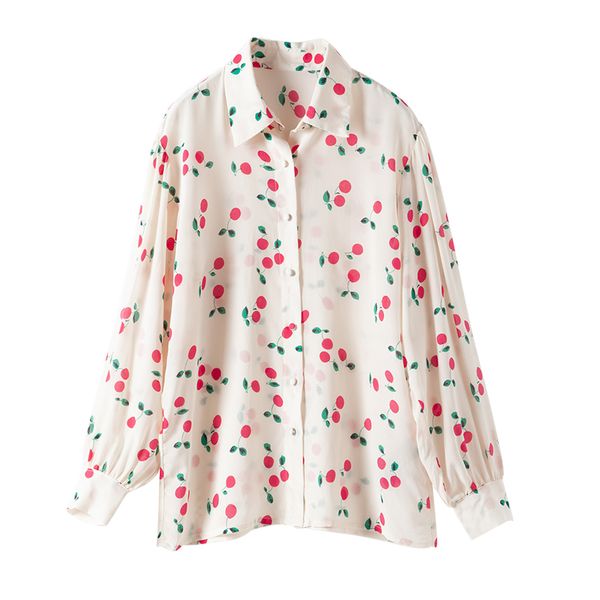 

100% silk blouse brand fashion women high-end luxury spring elegant cherry print silk shirt top, White