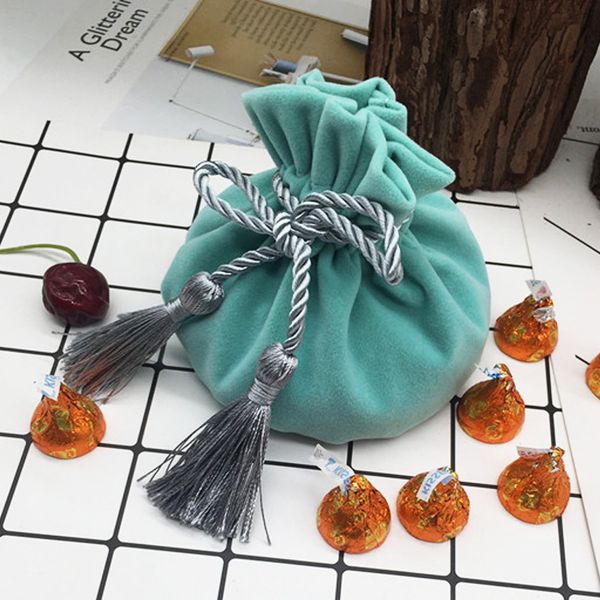 

light blue round bottom with gray tassel velvet drawstring bag 12x17cm mp3 jewelry packaging pouch bags gift & packing bags, Pink;blue