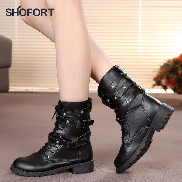 

shofort high heel boots 2020 fashion buckle rivet leather boots all-match round toe thick bottom lace-up mid-tube shoes, Black