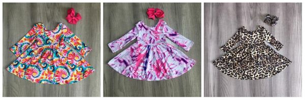 

girlymax fall/winter baby girls cotton chlidren clothes tie dyed leopard milk silk twirl dress knee length match bow, Red;yellow