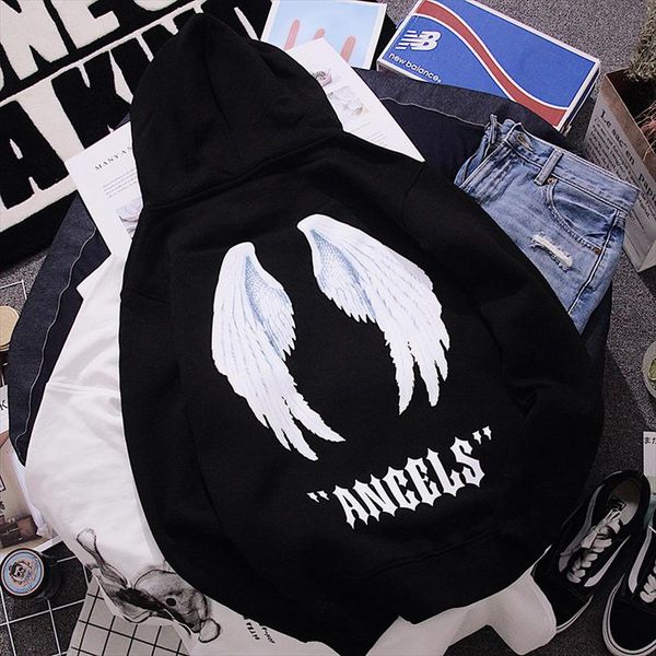 

новые женщины карманные harajuku hoodie с капюшоном пуловер крылья печать письмо дряблая повседневная мода фуфаек drop доставка, Black