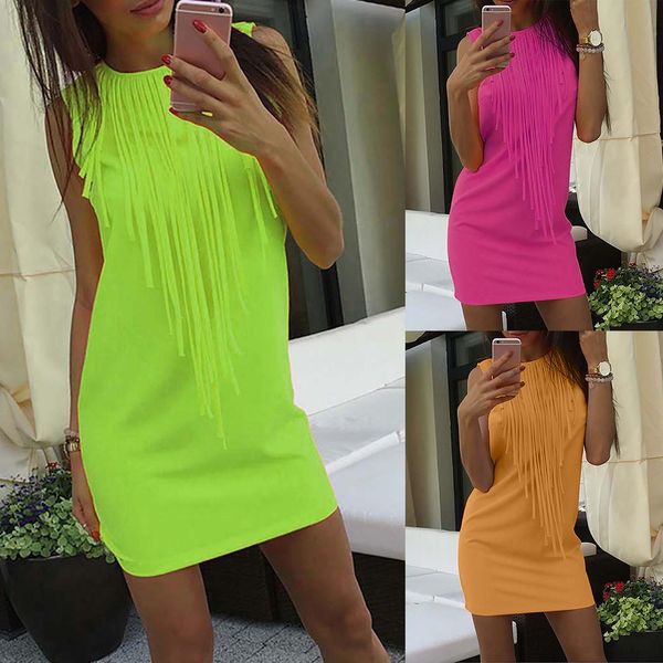 

wholesale dress women solid summer clothes for women sleevelees sundress female tassel mini party gown tassel dress vestido, Black;gray