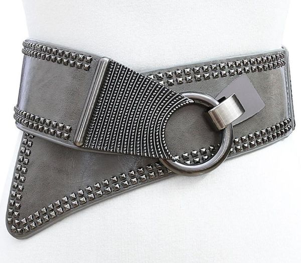 

women metal elastic round punk wide rocker european style buckle leather belt