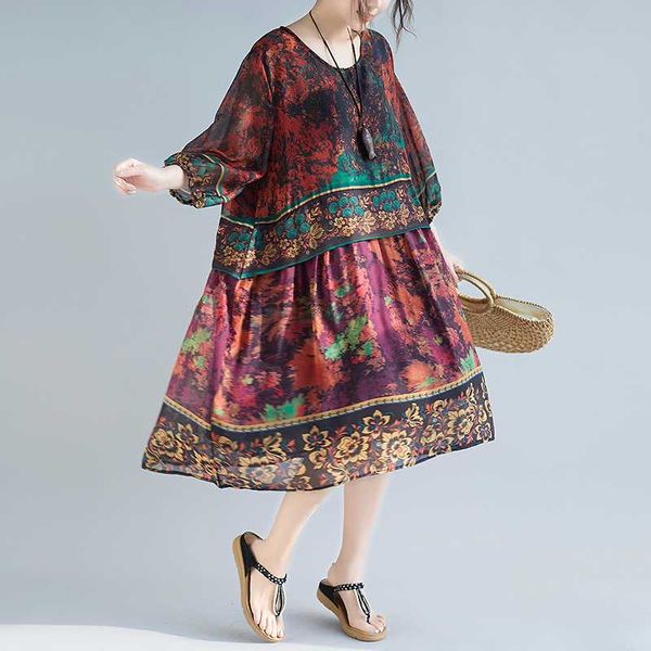 

autumn new loose print dress women's art o-neck hedging red seven-point sleeve spring mid-length chiffon vestidos discount z190, Black;gray