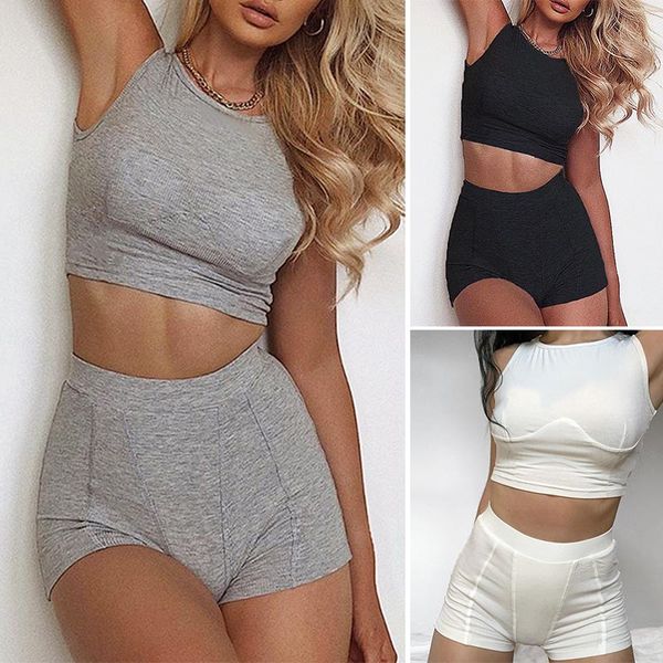

women solid color round neck shorts casual suit rib line stitching vest two-piece suit sportswear, Gray