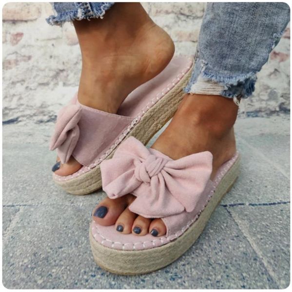 

summer women shoes platform slippers bowknot espadrille sandals ladies open toe flat beach slides big size female flip flops, Black