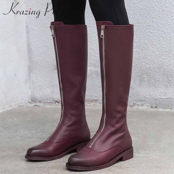 

krazing pot handsome front zipper knight boots cow leather round toe med heels women keep warm fashion thigh high boots l23, Black