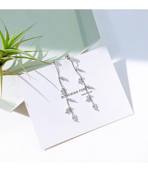 

100% 925 solid real sterling silver crystal leaf tassel drop earrings for womengirls