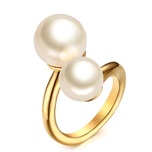 

pearl rings for women yellow gold color titanium stainless steel anillos mujer bague fashion jewelry accessory gift bijoux party, Golden;silver