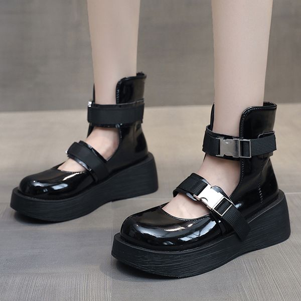 

rimocy patent leather wedges shoes for women fashion double buckle platform pumps woman casual hollow out mary jane shoes 2020, Black