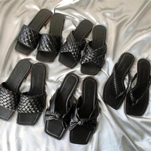 

black leather brand slippers women for summer slides open toe flat casual shoes sandals female beach flip flops summer shoes