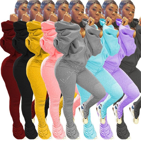 

женщины trasksuit две пьесы установить с плеча с капюшоном куртки backless zipper top плиссированные штаны сплошной цвет осень зима одежда к, White