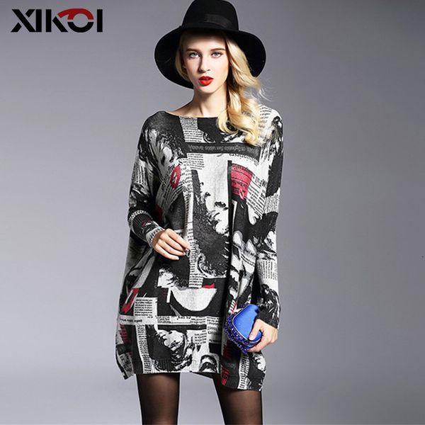 

xikoi fashion oversized knitted sweaters women's clothing pullovers jumpers slash neck batwing sleeve long print sweater shirts, White;black