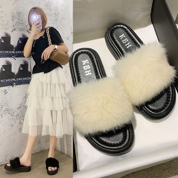 

plush slippers female 2020 summer new fashion wild sandals outside plush thick bottom increased sandals and slippers x028, Black