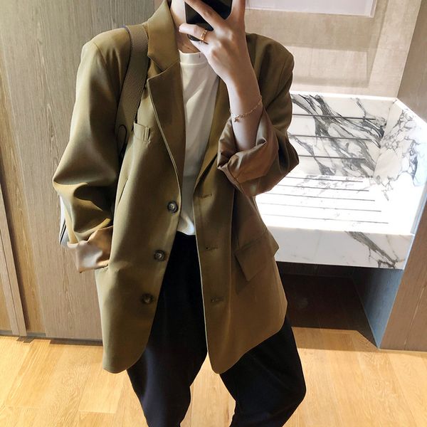 

vintage casual loose blazer women 2020 spring button harajuku cardigan korean style coat apricot green women jackets, White;black