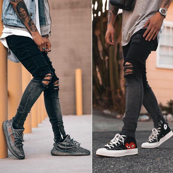 

color zipper pencil pants cool casual fashion mens jeans knee holes mens designer jeans washed street style gradient, Blue